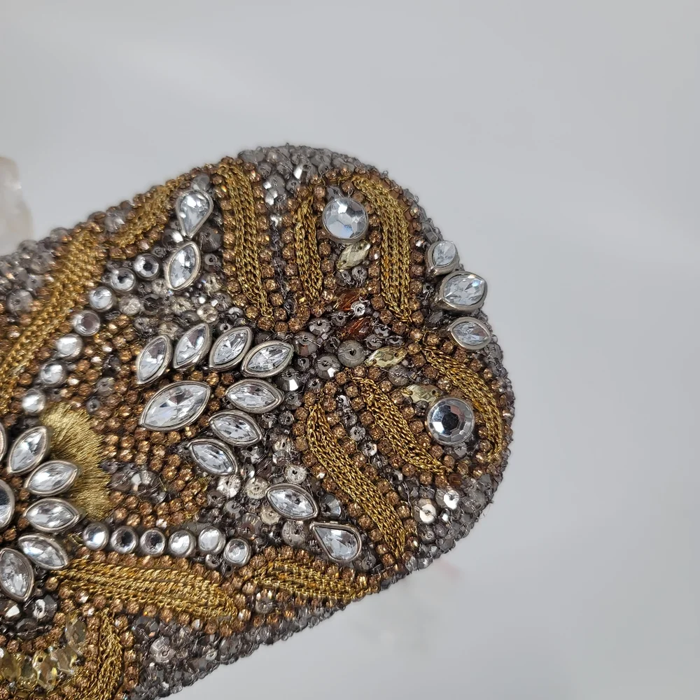 Marchesa Crystal Embellished Gold Evening Clutch with Strap and Dustbag